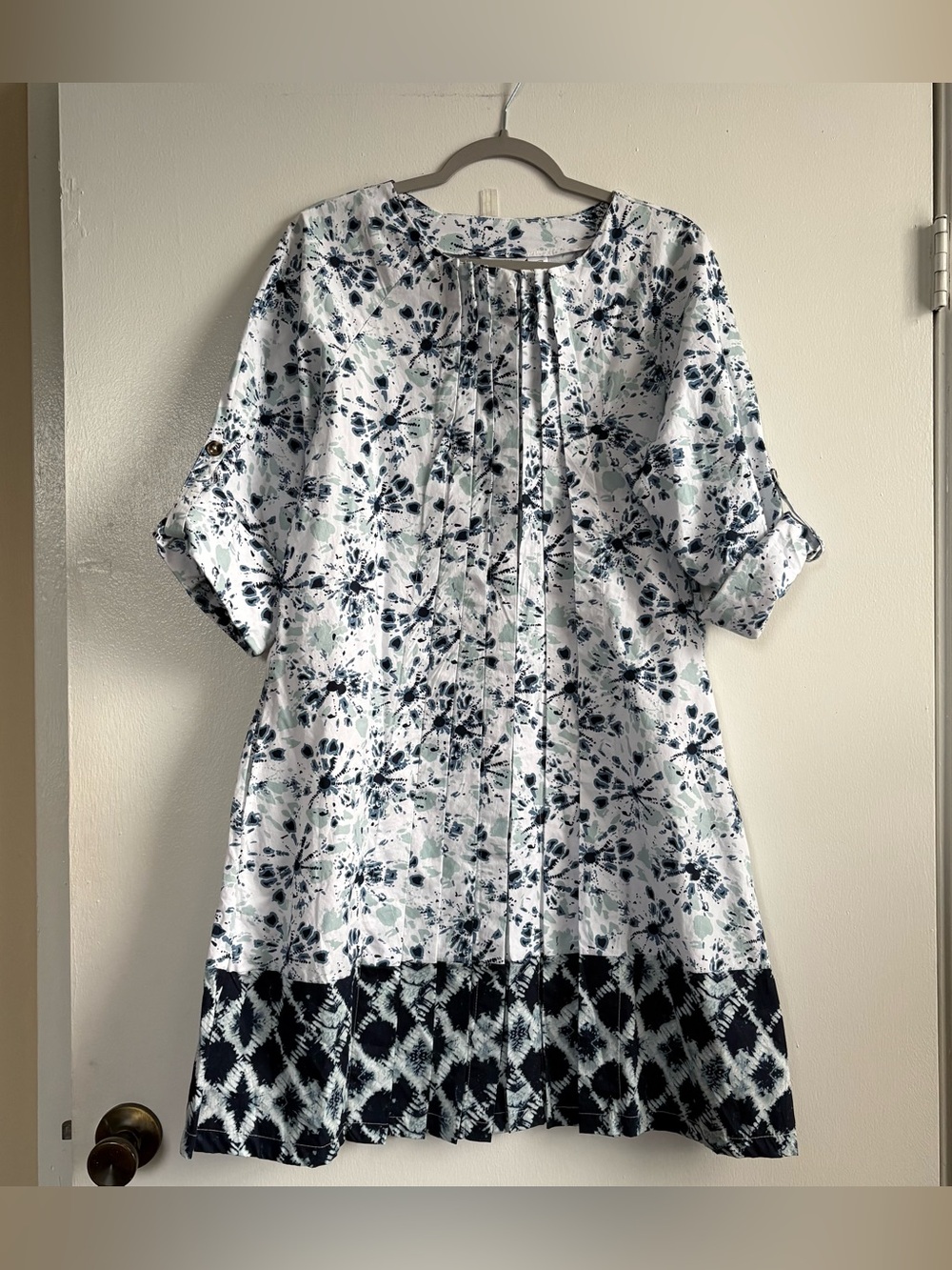Kaktus Floral Shift Dress Pleated 3/4 Sleeve Woven Cotton White Blue L